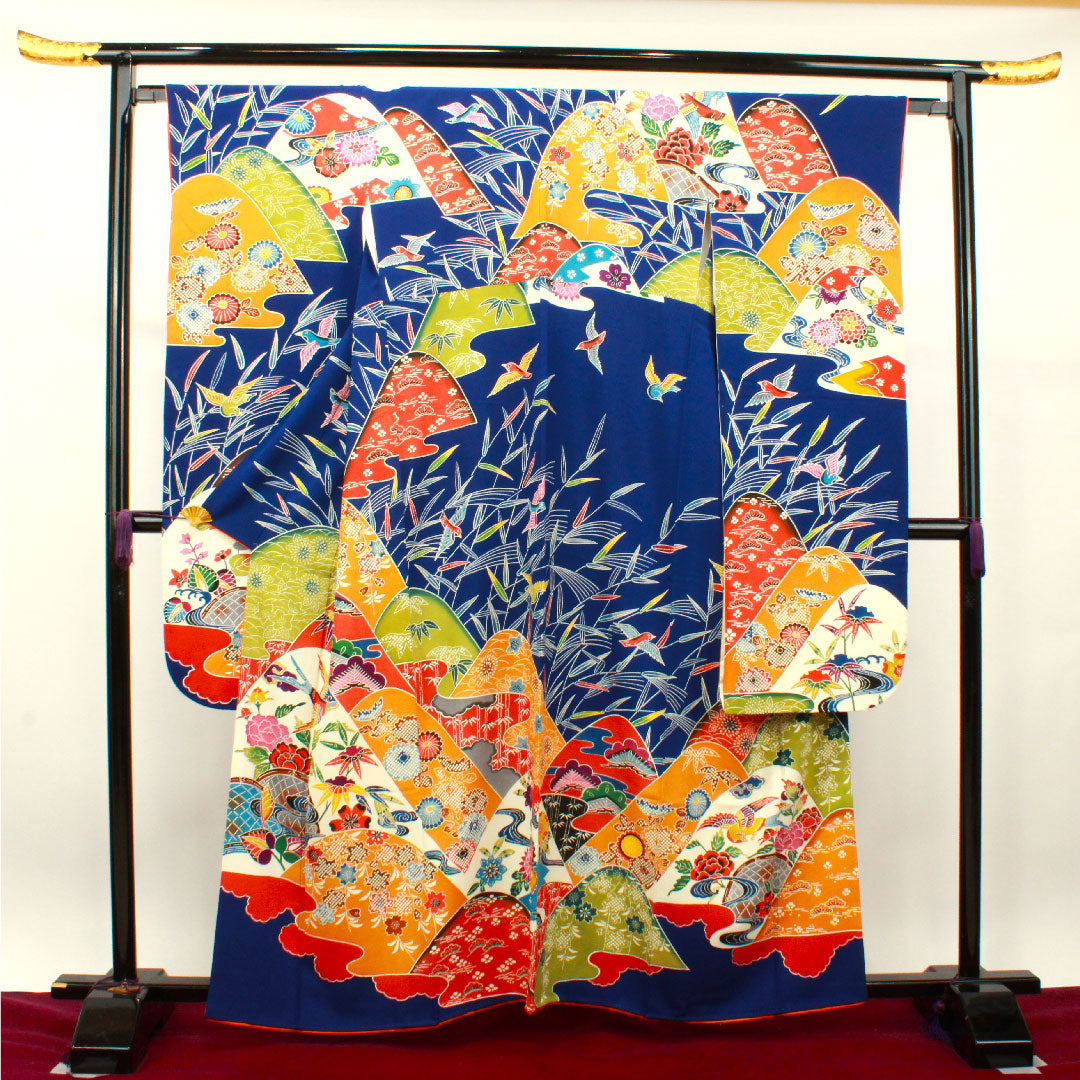 振袖 身丈160cm 裄丈65cm 袷  瑠璃色 京紅型 吉祥文様  正絹 Aランク 紺系 1113001753418