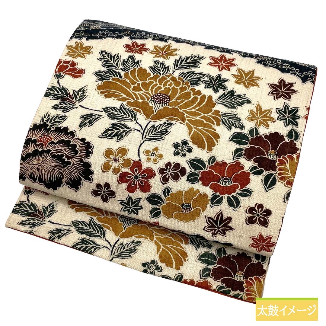 名古屋帯 正絹 Ｓランク 開き仕立て 練色（ねりいろ） 型染 草花模様 花柄 帯丈372cm 全通 カジュアル クリーム系 1124012172315