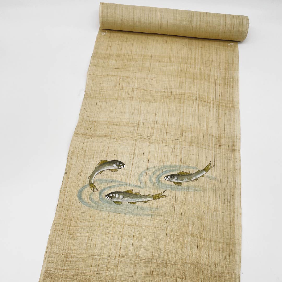 （未仕立）名古屋帯 東京白茶色（とうきょうしらちゃいろ） 夏帯 作家物 反物 帯丈477cm 麻 Sランク ポイント柄 カジュアル ベージュ系 1124008822425
