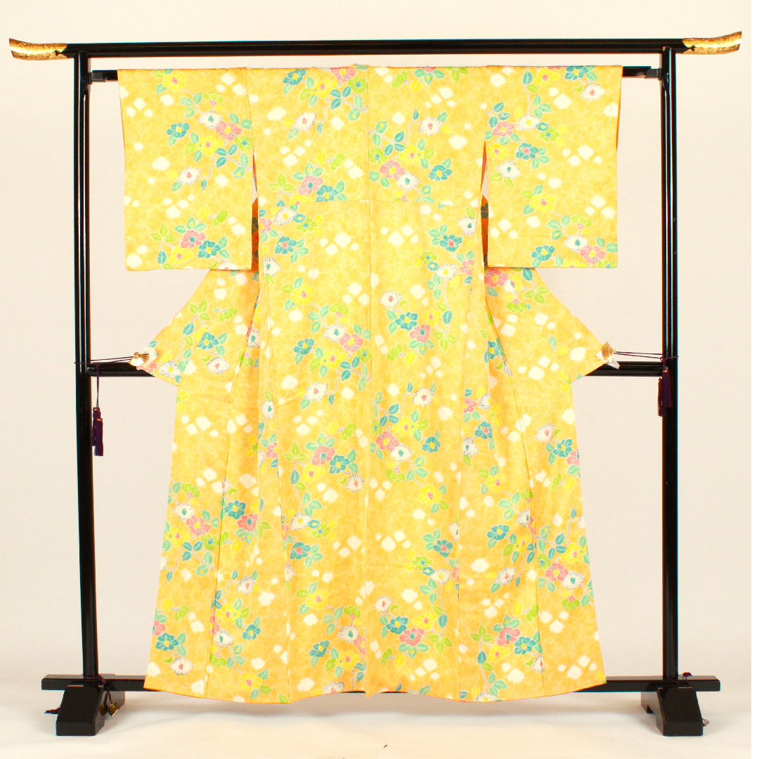 小紋 身丈159cm 裄丈63cm 袷  絞り 草花模様  正絹 Bランク 黄系 1115001924323