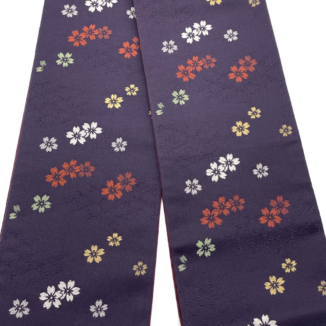 （未仕立）半幅帯 ポリエステル 深紫色（ふかきむらさきいろ） 桜 帯丈388cm 紫系 Sランク 1125002132320