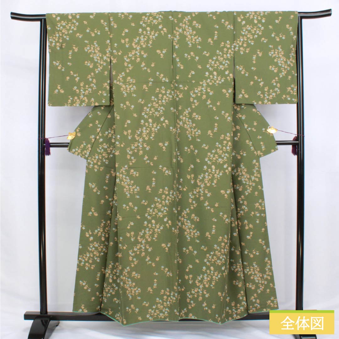 小紋 ポリエステル 身丈157cm 裄丈64cm 袷 柳煤竹色（やなぎすすたけいろ） 小花 洗える着物 Sランク 緑系 1115006242319