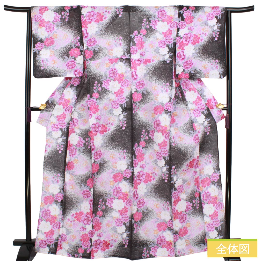 浴衣 木綿 Sランク 身丈166.5cm 裄丈65.5cm 石板色（せきばんいろ） ボカシ染 洋花 型染 単衣 グレー系 1118006872522