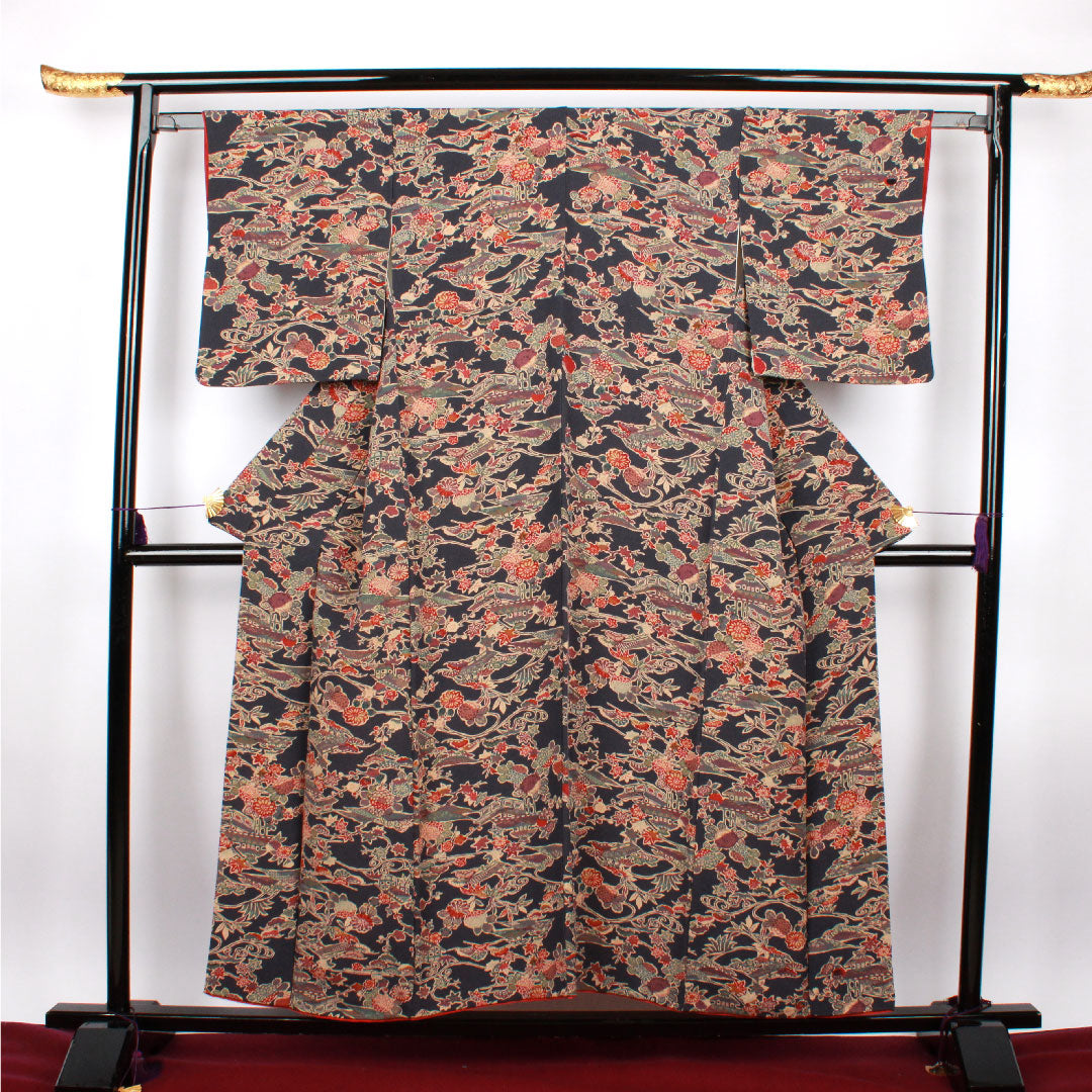 小紋 身丈154.5cm 裄丈60.5cm 袷  青褐色 型染 草花模様  正絹 Aランク 紺系 1115002293218