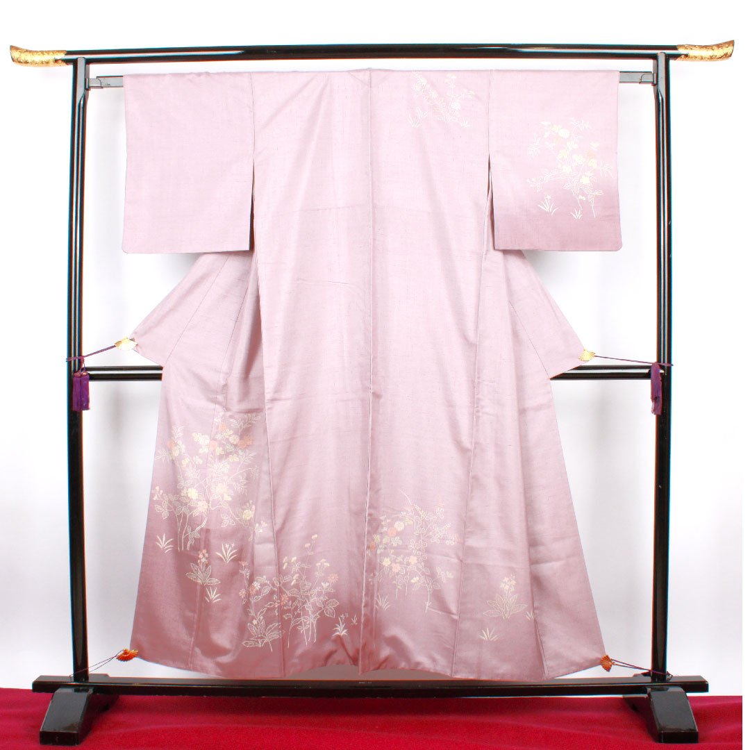 訪問着 袷 身丈153cm 裄丈60.5cm 草花模様 紬地 淡紅藤色 正絹 Aランク 紫系 1112001483220