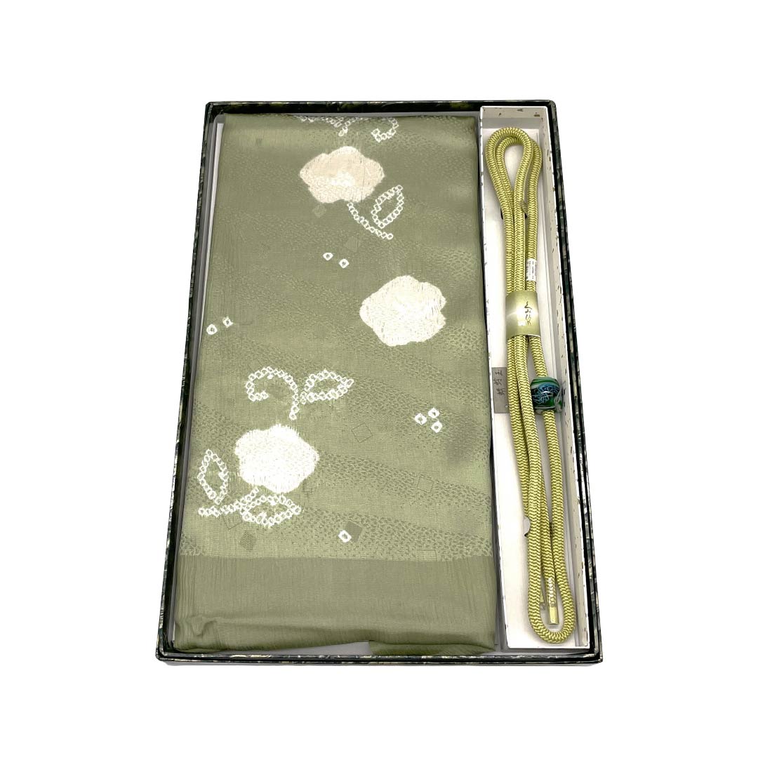 （新古品） 帯締め・帯揚げセット 正絹 NEWランク 利休鼠色（りきゅうねずいろ） 嫩黄色（どんこうしょく） 古典柄 トンボ玉付 長さ約160cm 幅約0.8cm カジュアル 緑系 1141000621319