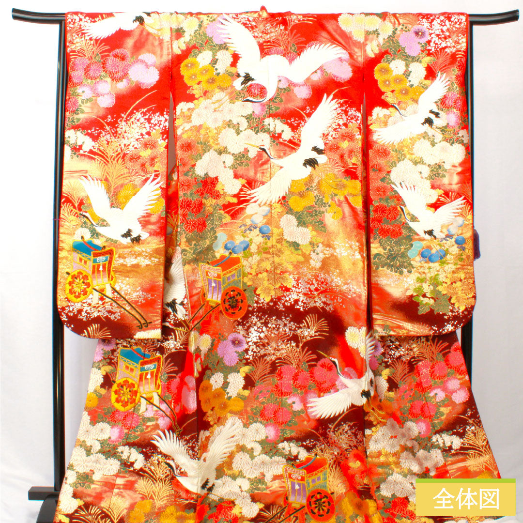 色打掛 正絹 Bランク 身丈188cm 裄丈65cm 唐織 鶴 御所車 草花模様 袷 朱系 1110000904916