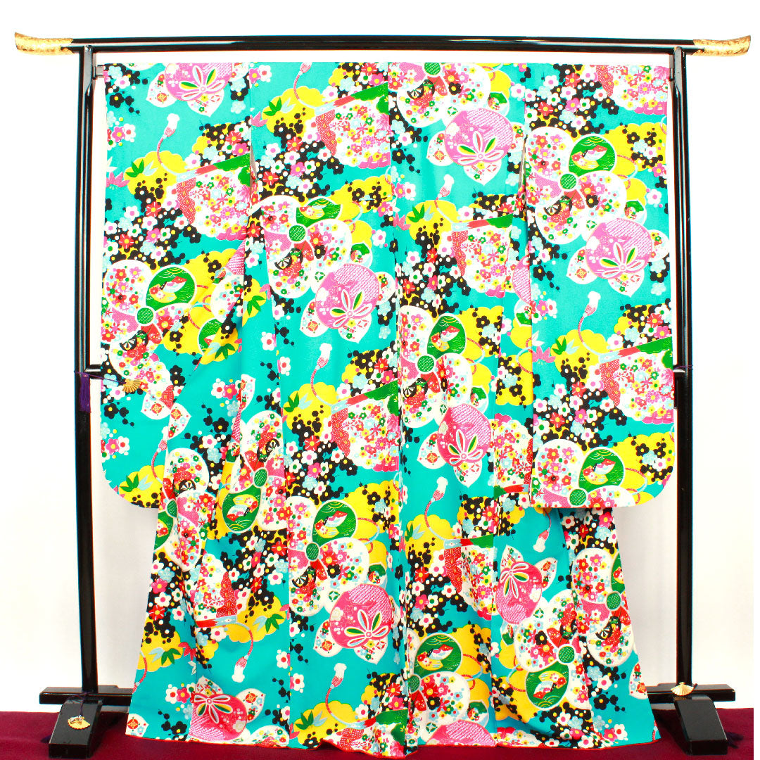 振袖 身丈170cm 裄丈70cm 袷  新橋色 洗える着物 梅  ポリ Sランク 青系 1113000982617