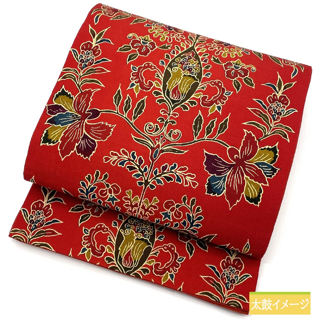 名古屋帯 赤紅色（あかべにいろ） 染め帯 京袋帯 更紗 帯丈358cm 正絹 Aランク 全通 カジュアル 赤系 1124006593312 開き仕立て