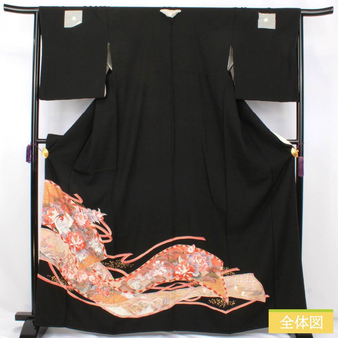黒留袖 正絹 Sランク 身丈165cm 裄丈65.5cm 袷 京友禅 五つ紋 片喰 吉祥文様 鶴 牡丹 五つ紋 黒系 1111002062510