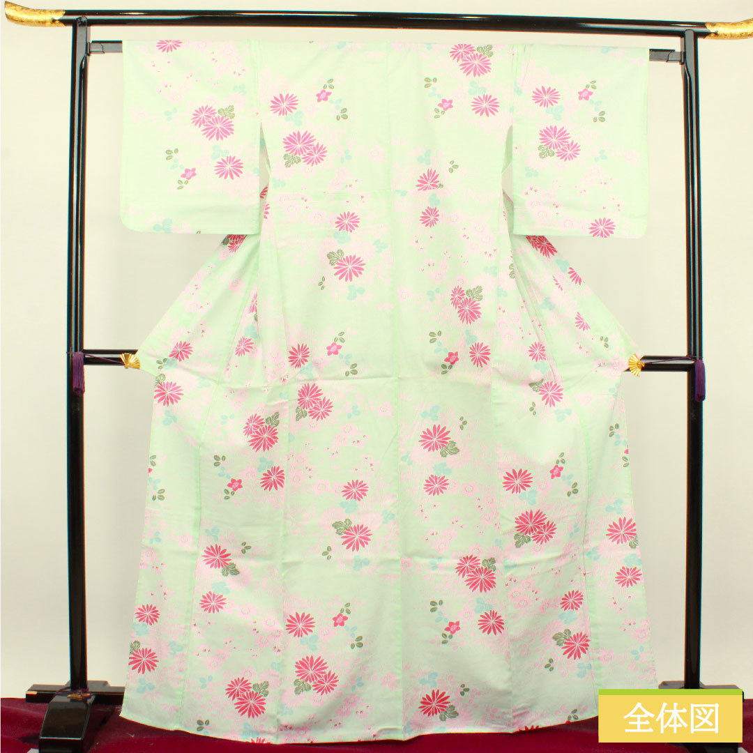 浴衣 木綿 身丈168.5cm 裄丈64cm Sランク 単衣 緑系 白緑色（びゃくろくいろ） 菊 桜 萩 1118004682519