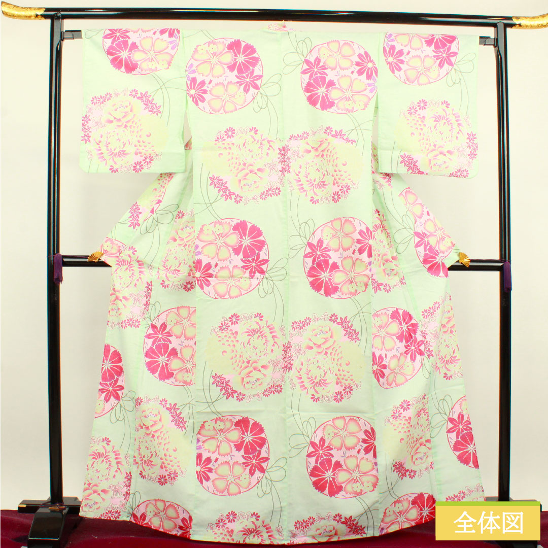浴衣 木綿 身丈166.5cm 裄丈66cm Sランク 単衣 緑系 白緑色（びゃくろくいろ） 菊 撫子 1118004712519