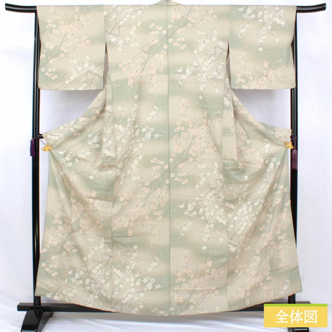 小紋 ポリエステル Sランク 身丈161cm 裄丈66cm 単衣 遠州鼠色（えんしゅうねずいろ） 型染 ぼかし染 桜 洗える着物 ベージュ系 1115007802425