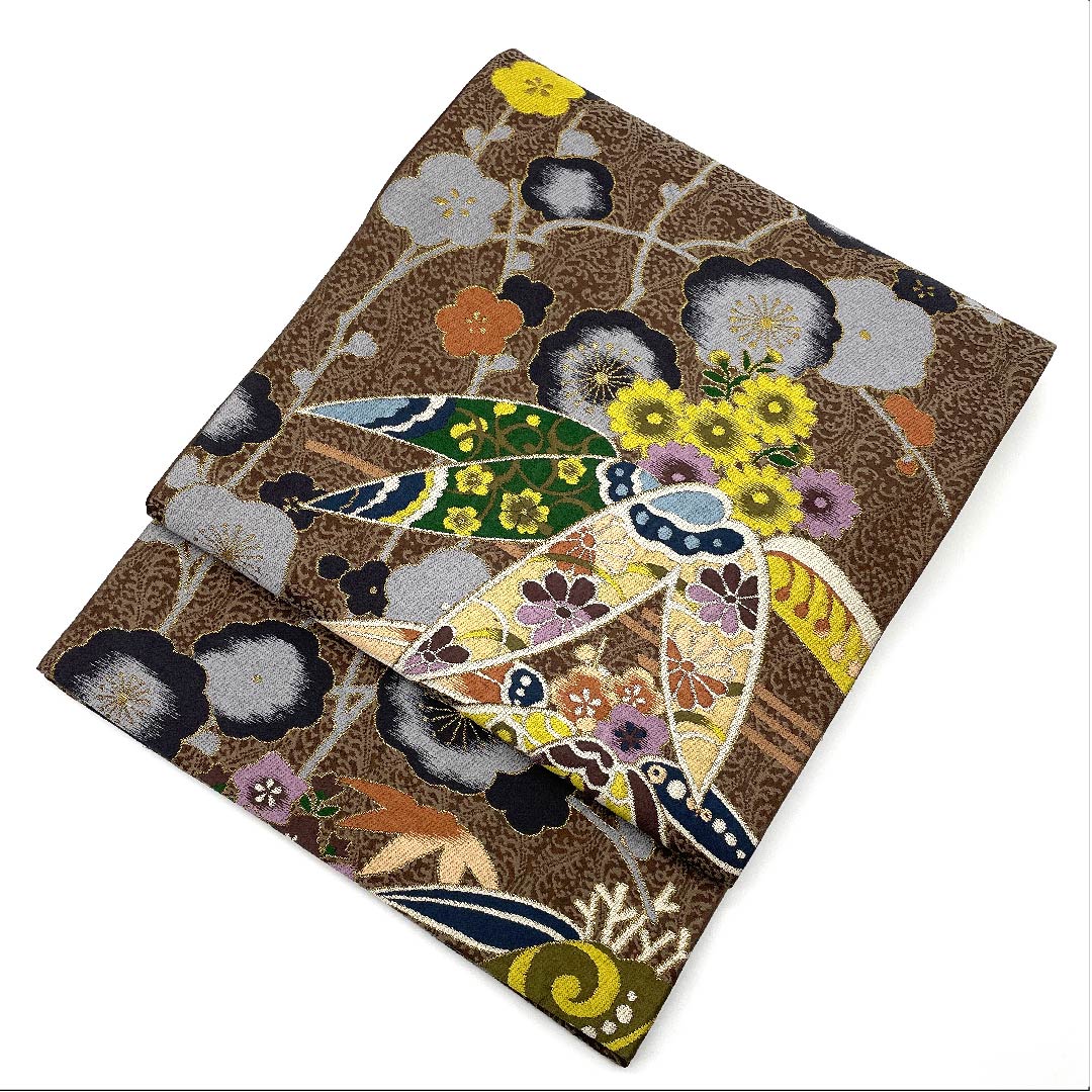 袋帯 鳶色（とびいろ） 松竹梅 桜 白綾苑大庭 帯丈432cm 正絹 Aランク 六通 フォーマル 茶系 1123006153314
