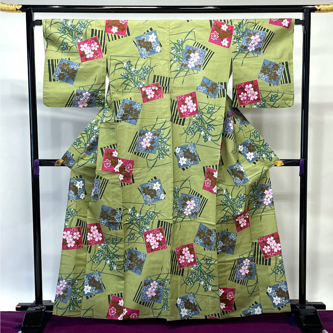 浴衣 浅青朽葉色 桜 紅葉 木綿 Sランク 単衣 身丈163.5cm 裄丈67cm 緑系 1118002262419