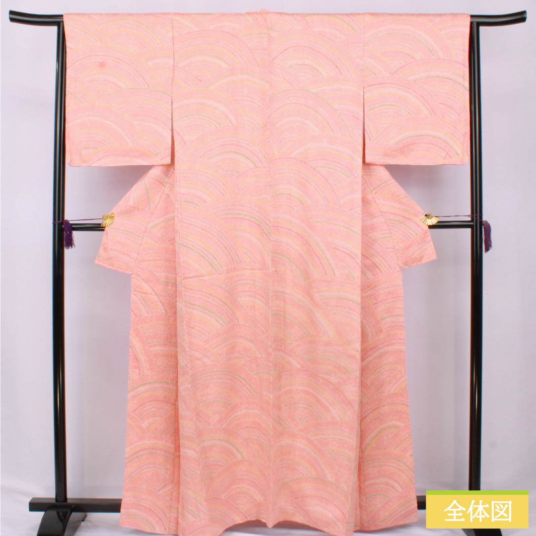 小紋 正絹 Aランク 身丈163cm 裄丈65.5cm 袷 鴇色（ときいろ） 絞り 青海波 ピンク系 1115007103413
