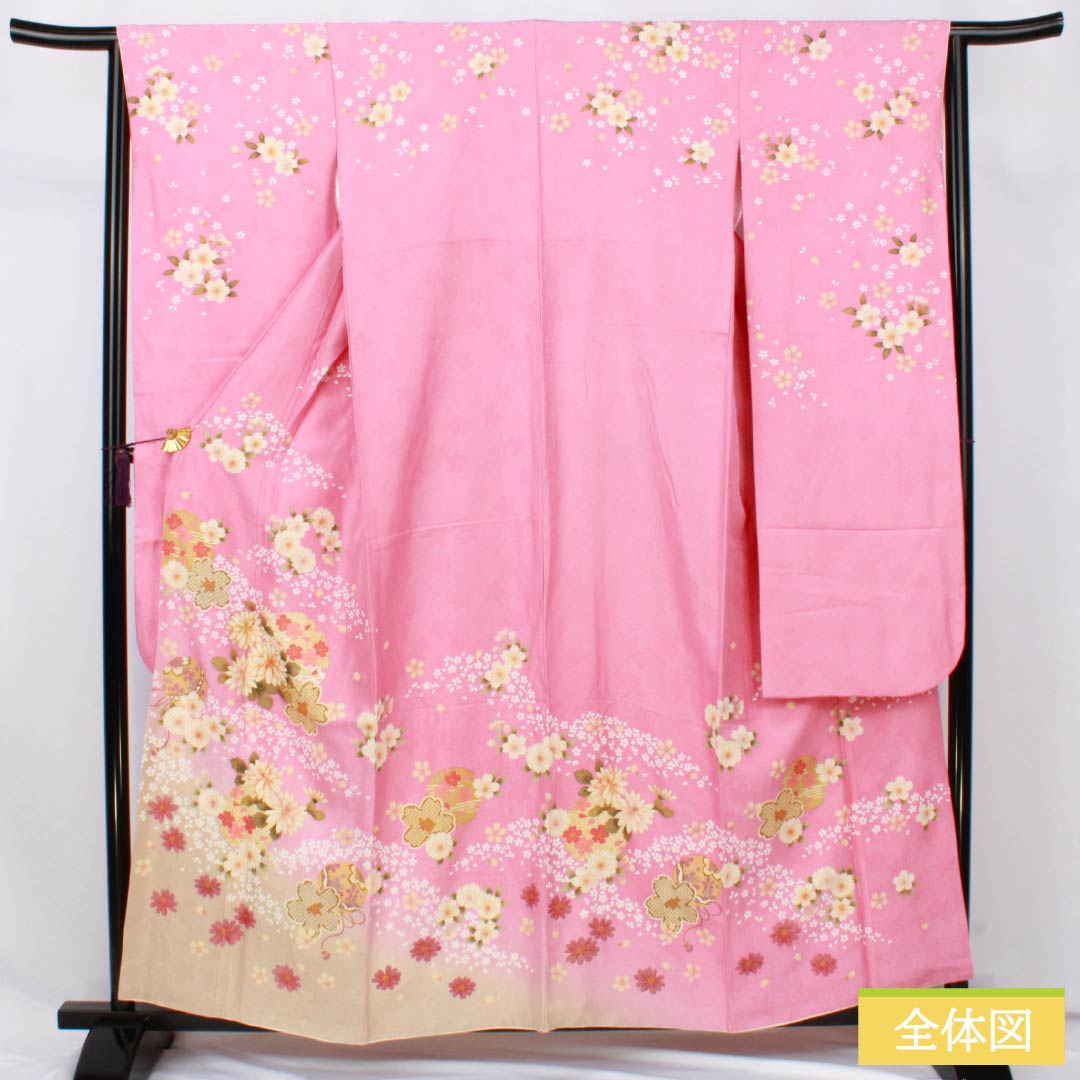 Silk Furisode, S Rank, Length 158cm, Sleeve-to-sleeve 63.5cm, Lined, Sekichiku (Pink), Kyo-Yuzen, Auspicious Patterns, Cherry Blossoms, Balls, Snowflakes, Pink tones, 1113002652313