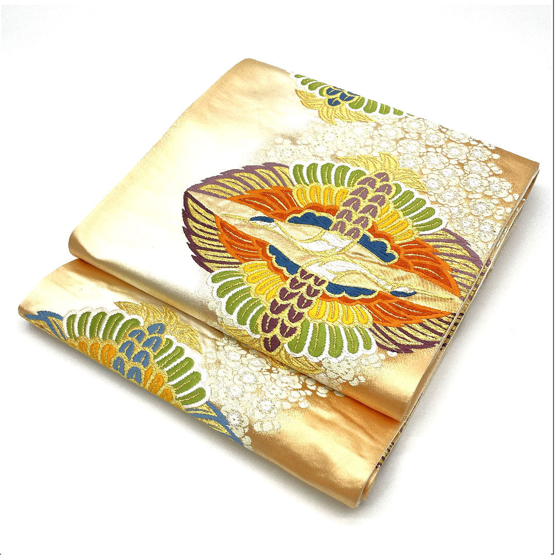 （未仕立）袋帯 向かい鶴 帯丈416cm 正絹 Aランク 六通 フォーマル 金系 1123003693321