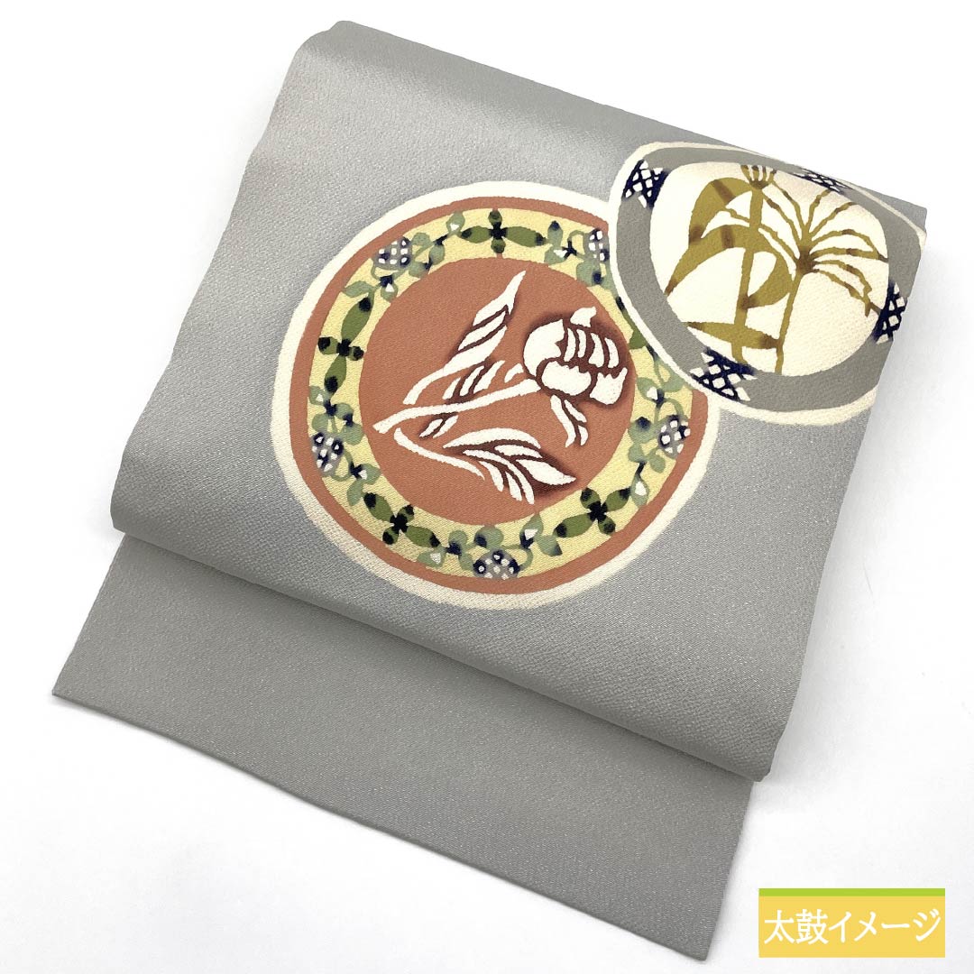 名古屋帯 薄鼠色（うすねずいろ） ちりめん地 丸に花模様 染め帯 帯丈358cm 正絹 Aランク ポイント柄 セミフォーマル グレー系 1124007163322 名古屋仕立て