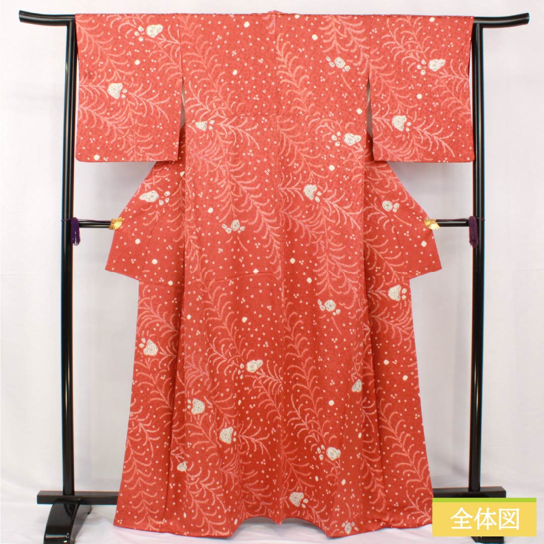小紋 正絹 身丈163cm 裄丈65cm 袷 緋銅色（ひどうしょく） 絞り 辻ヶ花 Sランク 朱系 1115005242416