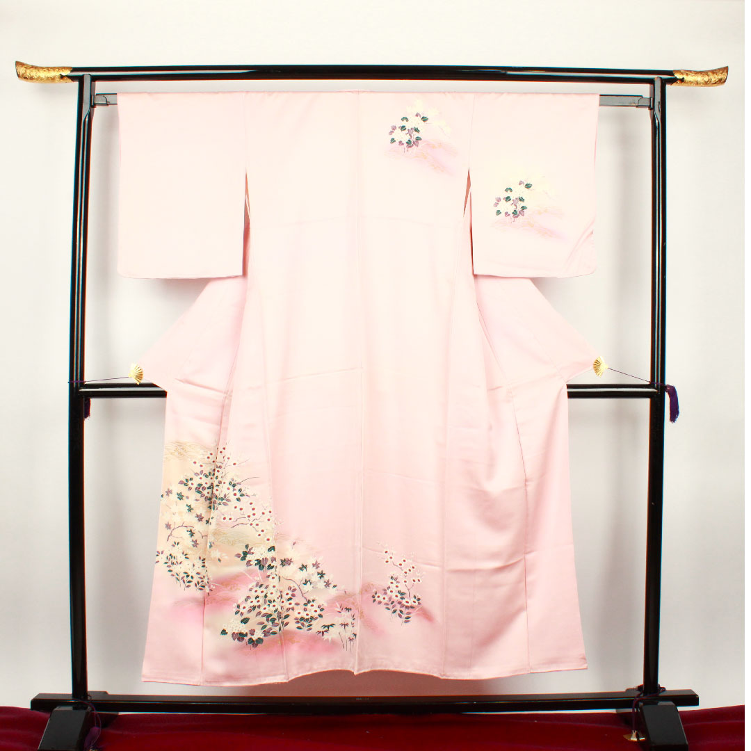 訪問着 袷 身丈150cm 裄丈61cm 練色 京友禅 橘 正絹 Bランク ピンク系 1112001634113