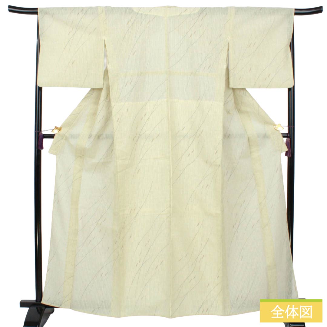 夏物 ポリエステル 紬 Aランク 身丈163.5cm 裄丈67cm 利休白茶色（りきゅうしらちゃいろ） 縮 洗える着物 抽象模様 紗 黄系 1132005593423