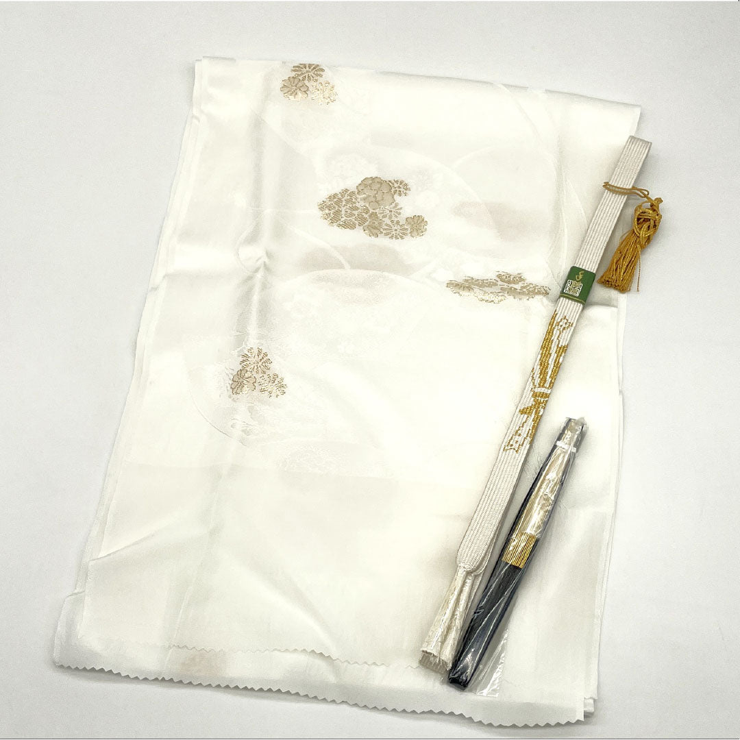 （新古品） 帯締め・帯揚げセット 正絹 NEWランク 白色（しろいろ） 留袖用 古典柄 扇 長さ約160cm 幅約1.7cm フォーマル 白系 1141000451311