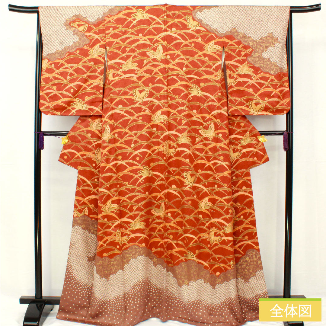 訪問着 正絹 袷 身丈163.5cm 裄丈64.5cm 暁鼠色（あかつきねずいろ） 京友禅 蝶 露芝 Sランク 茶系 1112004922414