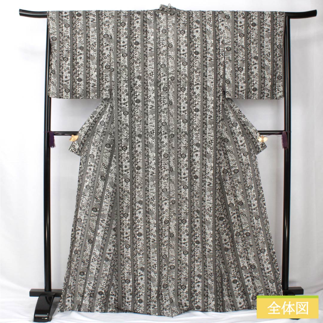 Summer kimono, polyester, small pattern, length 170cm, sleeve length 67cm, stripes, auspicious pattern, washable kimono, gauze, S rank, monotone, 1132002272627