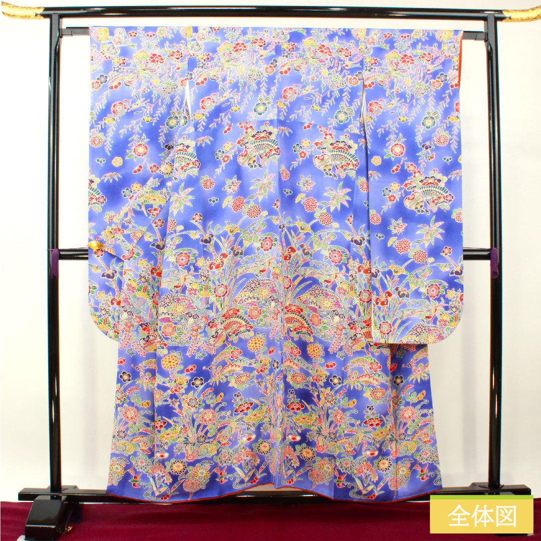 振袖 正絹 身丈156cm 裄丈62.5cm 袷  京紅型 吉祥文様  Aランク 紺系 1113001893318