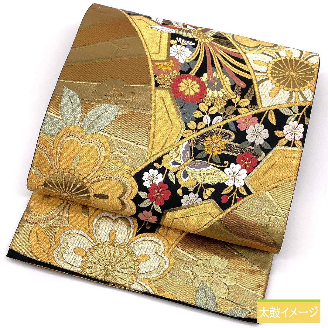 袋帯 正絹 Sランク 古典柄 振袖用 源氏車 鳳凰 桜 帯丈438cm 全通 フォーマル 金系 1123015812321