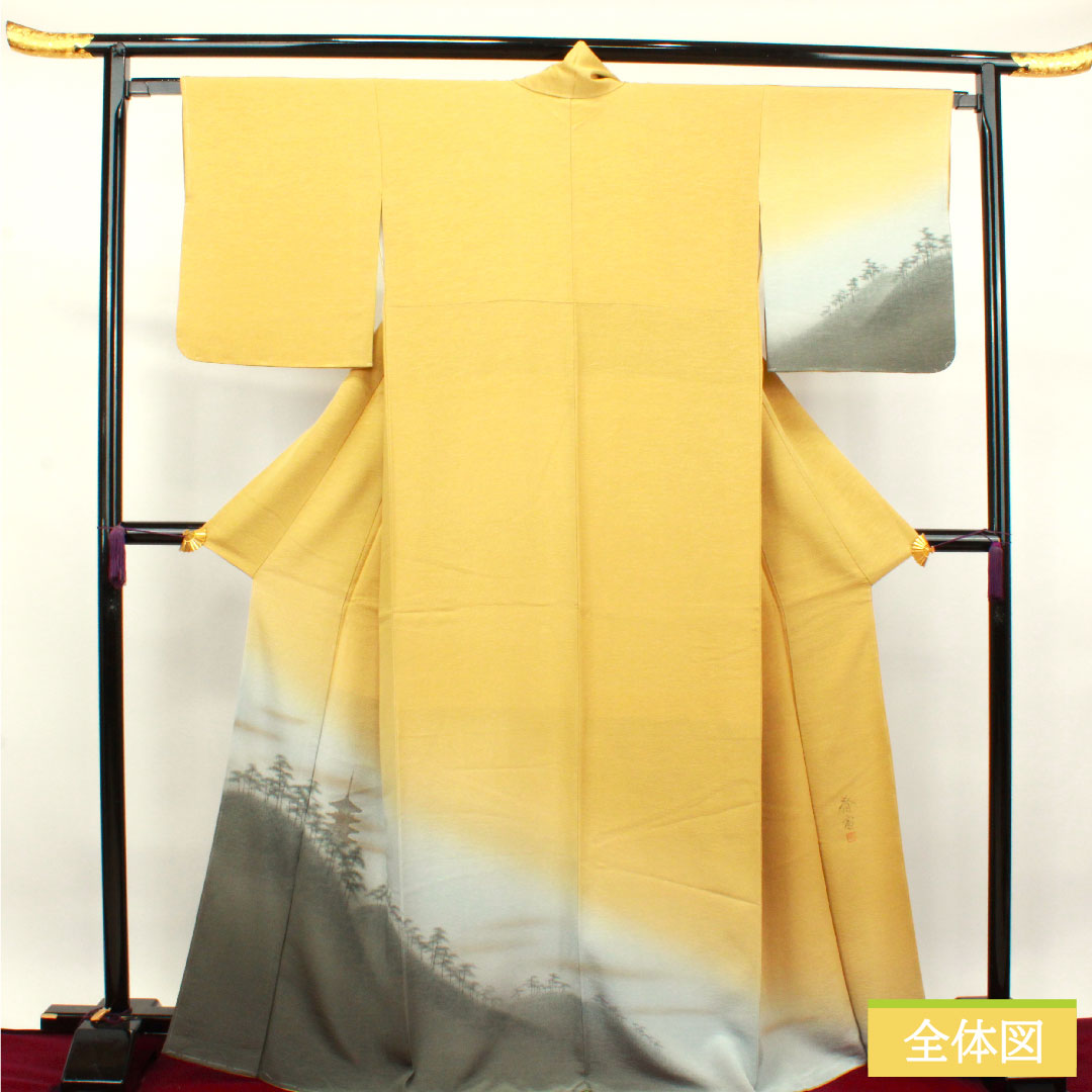 訪問着 正絹 袷 身丈167cm 裄丈64cm 楊梅色 風景模様 作家物 しつけ糸付き 未使用品 Sランク 黄系 1112003382523