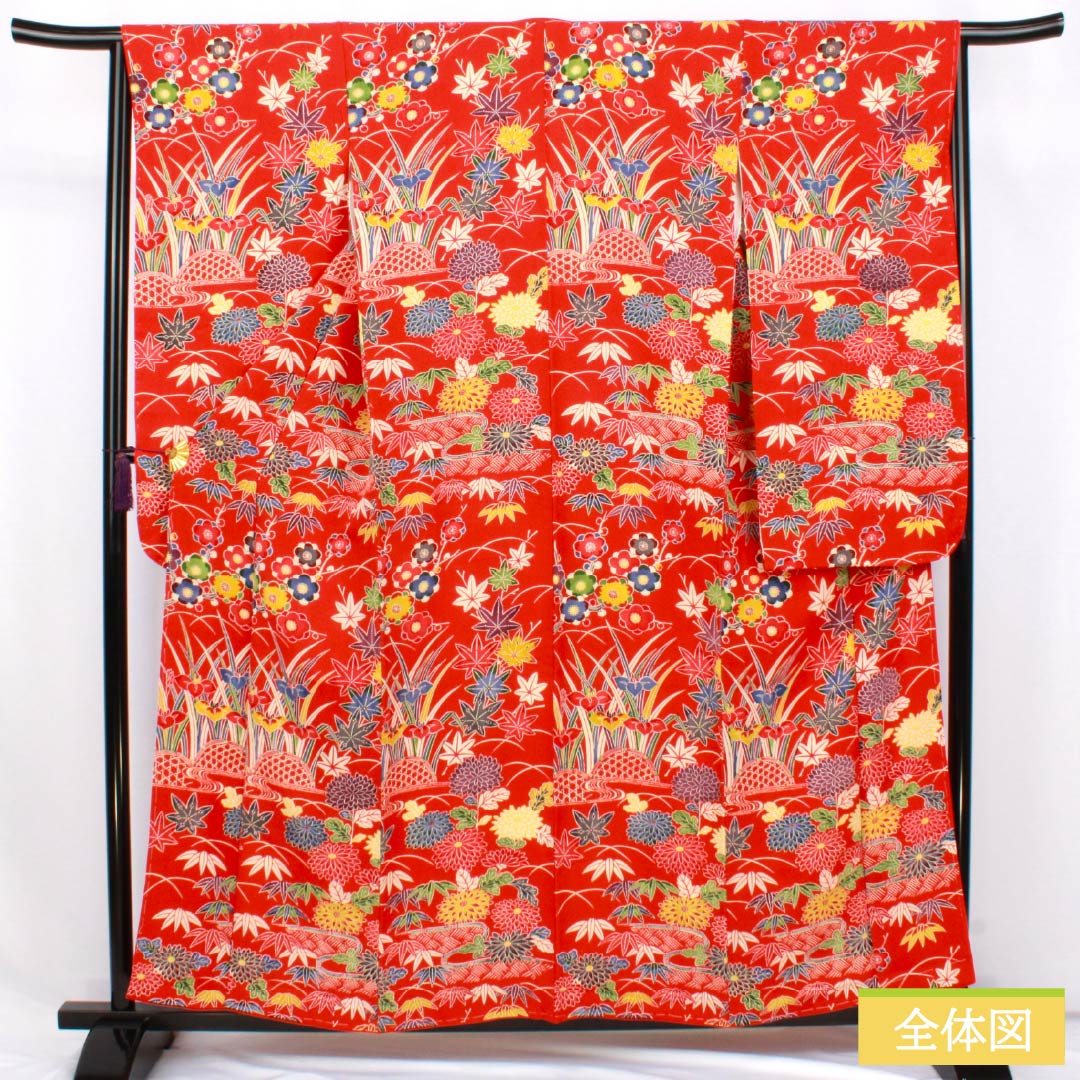 Furisode (long-sleeved kimono) made of pure silk, grade A, length 158.5cm, sleeve length 66cm, lined, red, Kyoto Bingata pattern, auspicious motifs of plum blossoms, irises, and flowing water, red tones, product number 1113002633312