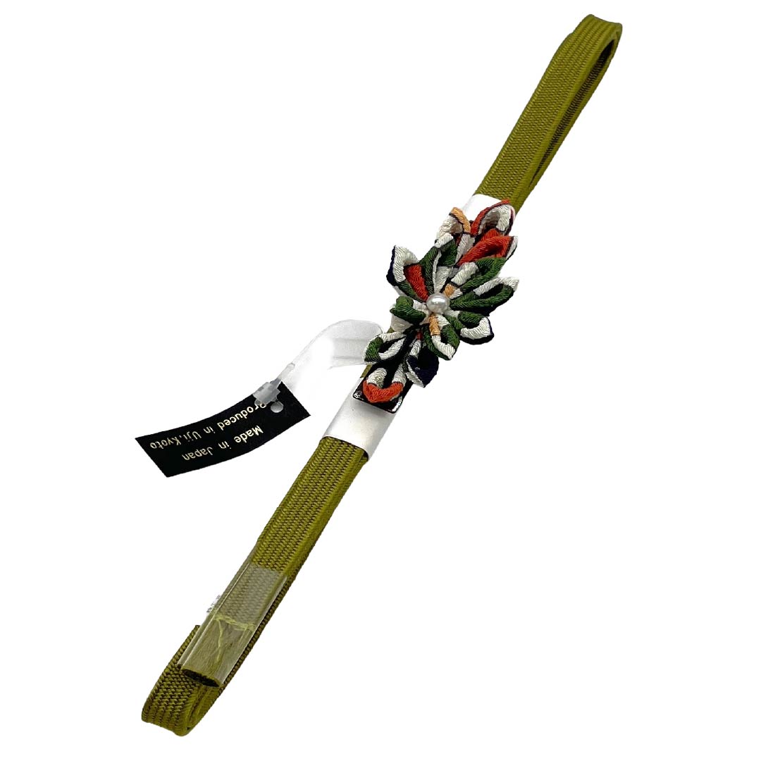(新品)帯締め 正絹 NEWランク 三分紐 青宣徳色（あおせんとくいろ） 帯留め付き つまみ細工 日本製 長さ約135cm 幅約0.8cm カジュアル 緑系 1135006521319