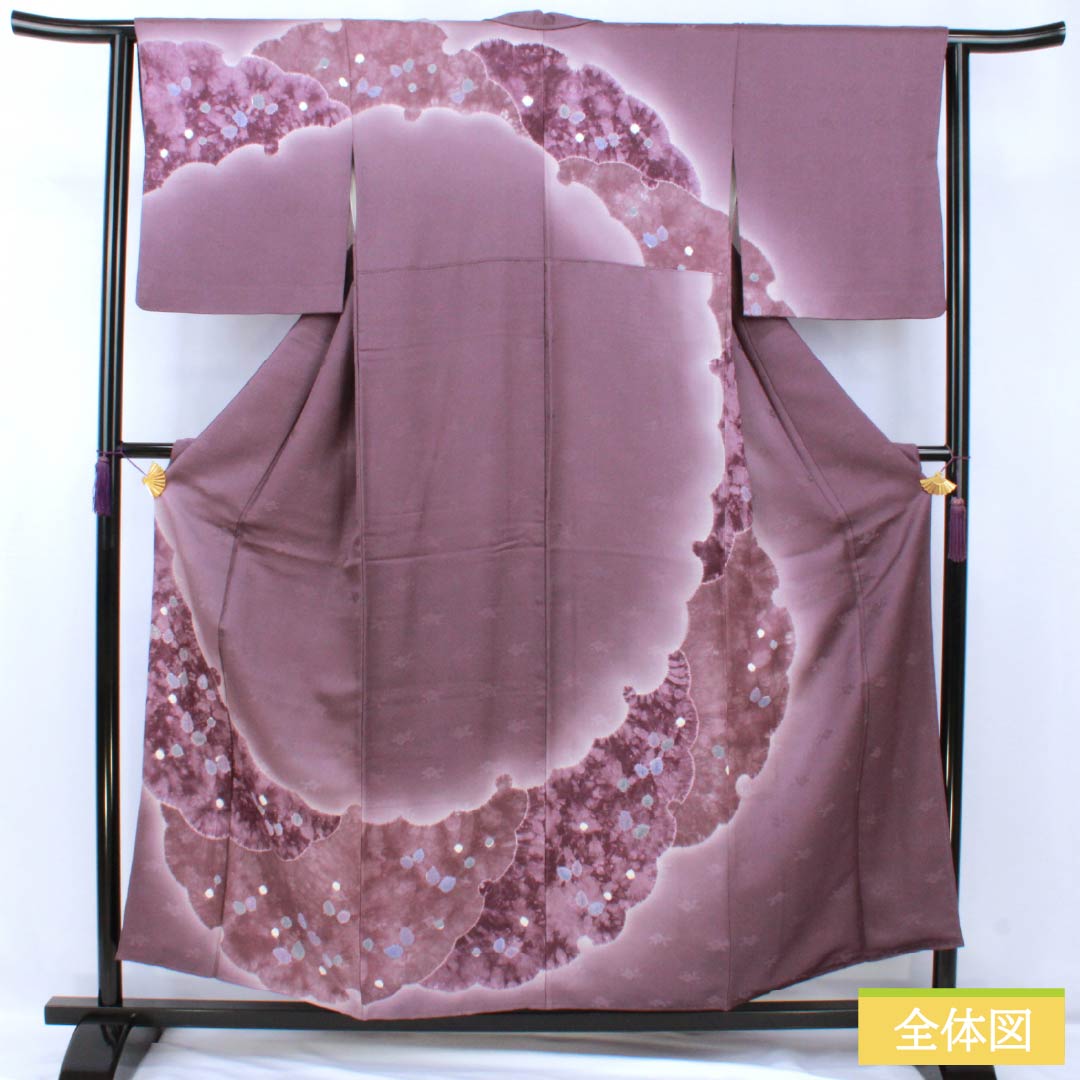 Visiting Kimono, Pure Silk, Grade A, Lined, Length 156.5cm, Sleeve Length 63cm, Ancient Purple (Kodai Murasaki Iro), Shibori Pattern, Snow Circle, Camellia, Sayagata Pattern, Purple, Item Number: 1112007063320
