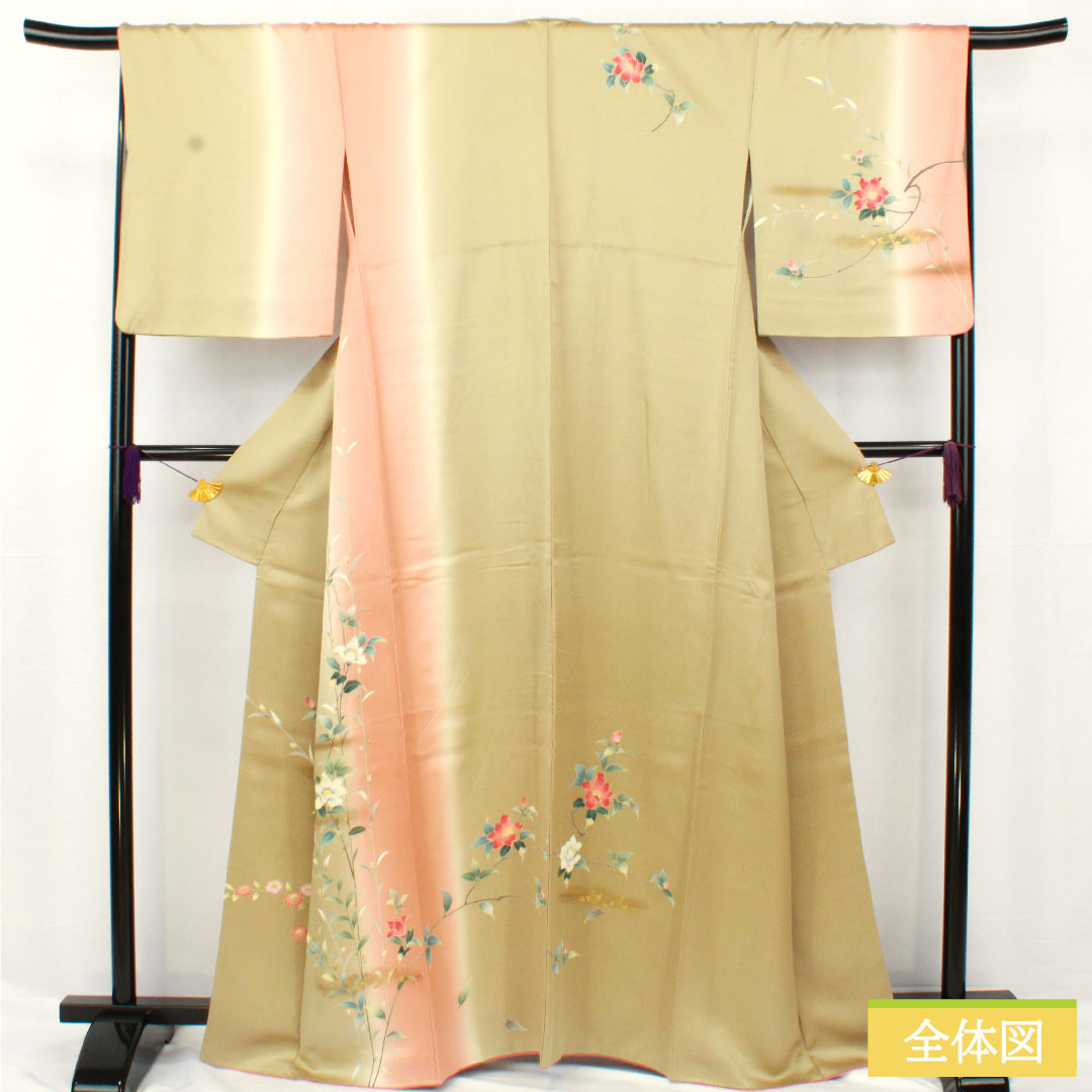 訪問着 正絹 袷 身丈163cm 裄丈68cm 亜麻色（あまいろ） 京友禅 草花模様 Aランク 緑系 1112005963419