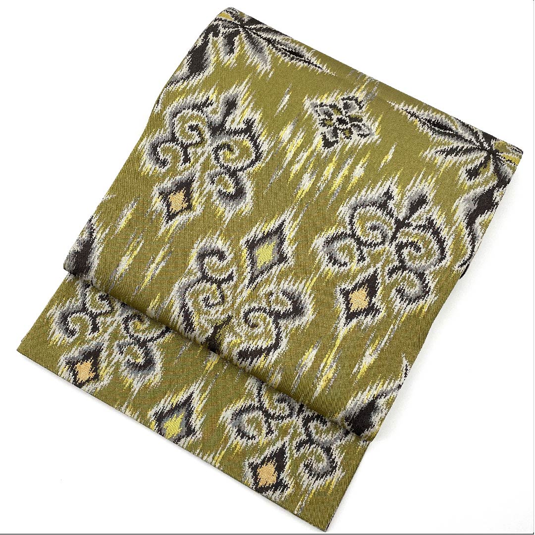 Fukuro obi (sash) in russet leaf color, ikat floral pattern, bamboo leaf pattern, by Ori Kobo Kanae, reversible, obi length 444cm, pure silk, S rank, full length, semi-formal, green, 1123007812319