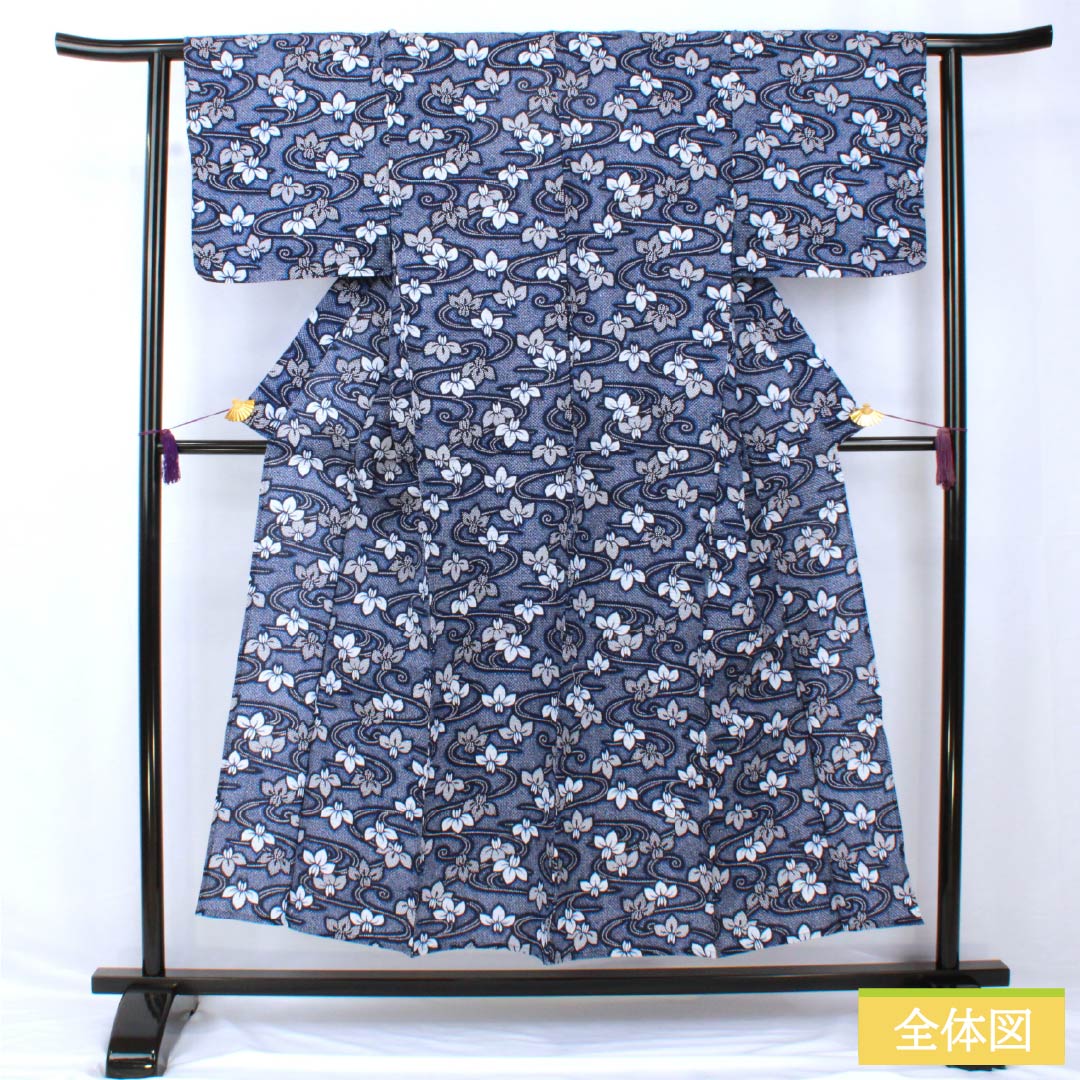 浴衣 木綿 身丈151.5cm 裄丈62cm Sランク 単衣 紺系 濃紺色（のうこんいろ） リップル 流水 アヤメ 1118005362218