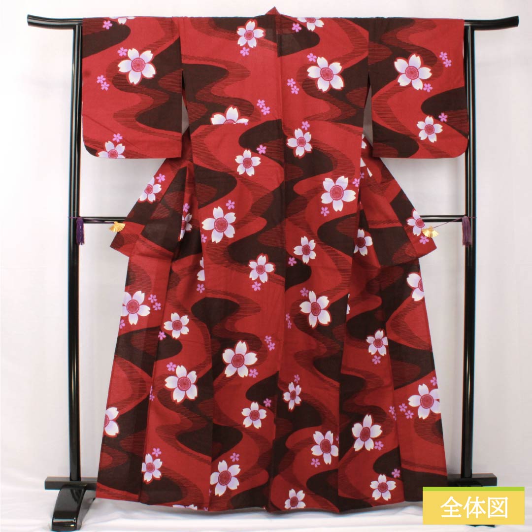 浴衣 木綿 身丈164cm 裄丈65cm Sランク 単衣 赤系 真紅色（しんくいろ） 流水 桜 1118005292412