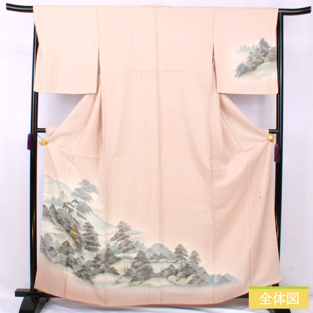 Visiting Kimono (Homongi) - Pure Silk, S-Rank, Lined, Length 161cm, Sleeve Length 65.5cm, Otomeiro (Girl's Color), Kyoto Yuzen, Artist's Work, Kinkakuji Landscape Painting, Pink, Basting Thread Included, Product Number: 1112007172413
