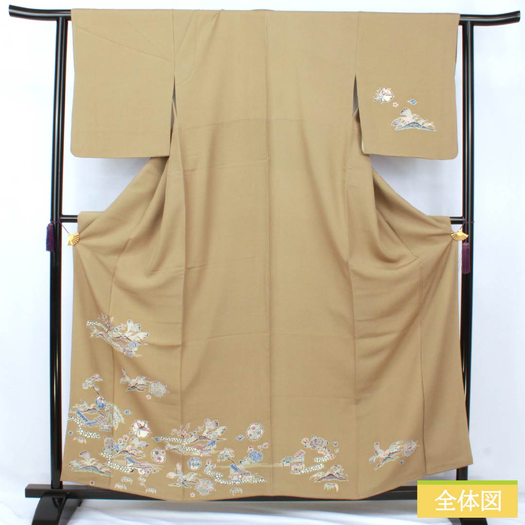 訪問着 正絹 Aランク 袷 身丈160cm 裄丈62.5cm 丁子煤竹色（ちょうじすすたけいろ） 琉球紅型 雪輪 鳳凰 風景 パールトーン加工 ベージュ系 1112007273425