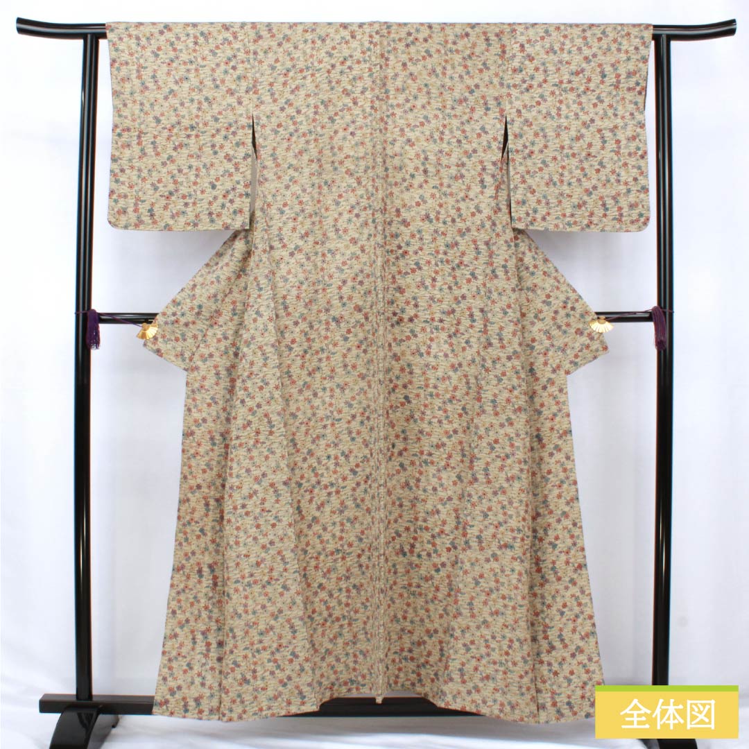 小紋 正絹 Sランク 身丈156.5cm 裄丈63cm 単衣 亜麻色（あまいろ） 作家物 香雲作 松葉 小花 ベージュ系 1115007192325