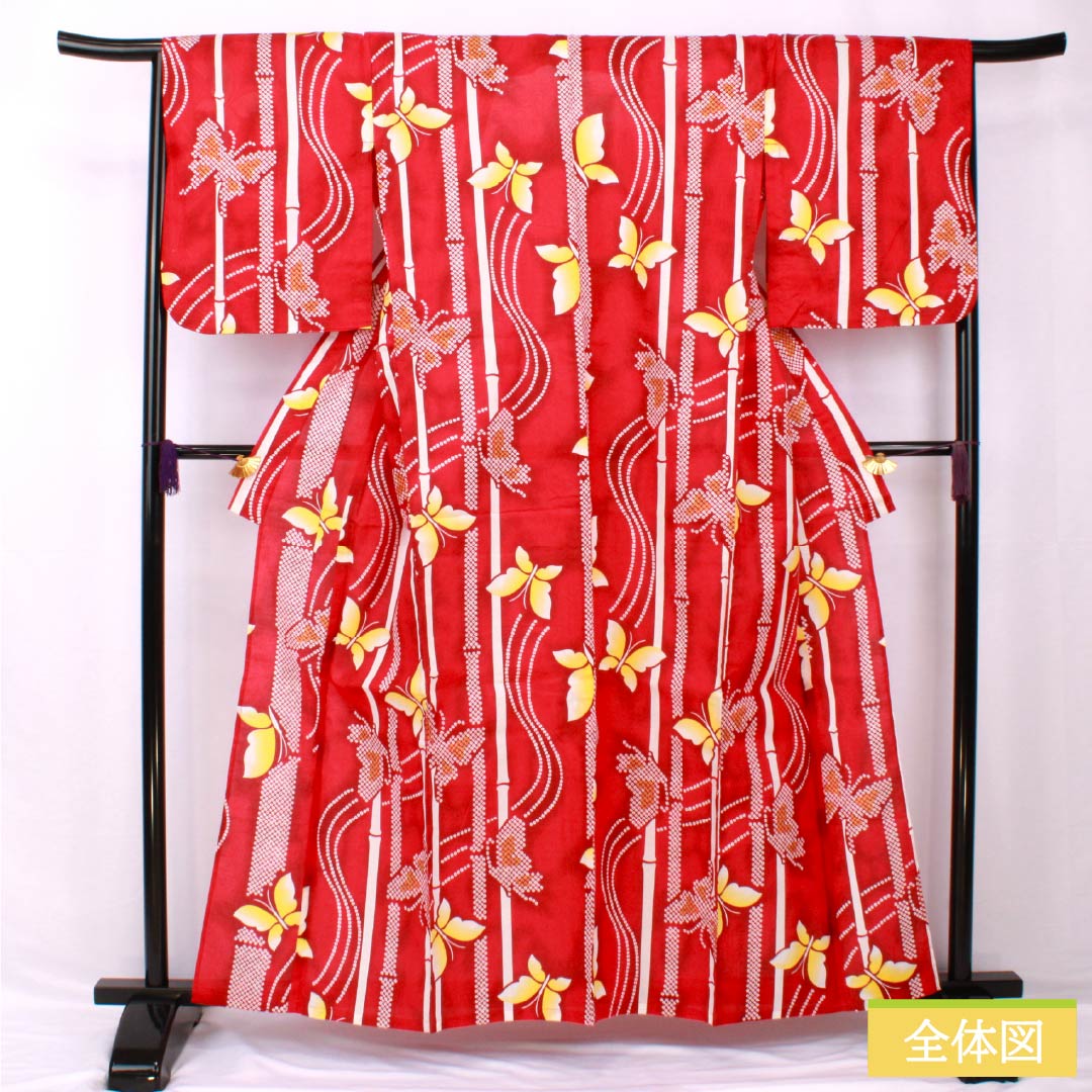 浴衣 木綿 身丈160cm 裄丈64cm Sランク 単衣 赤系 洋紅色（ようこうしょく） 蝶 竹 1118005532412