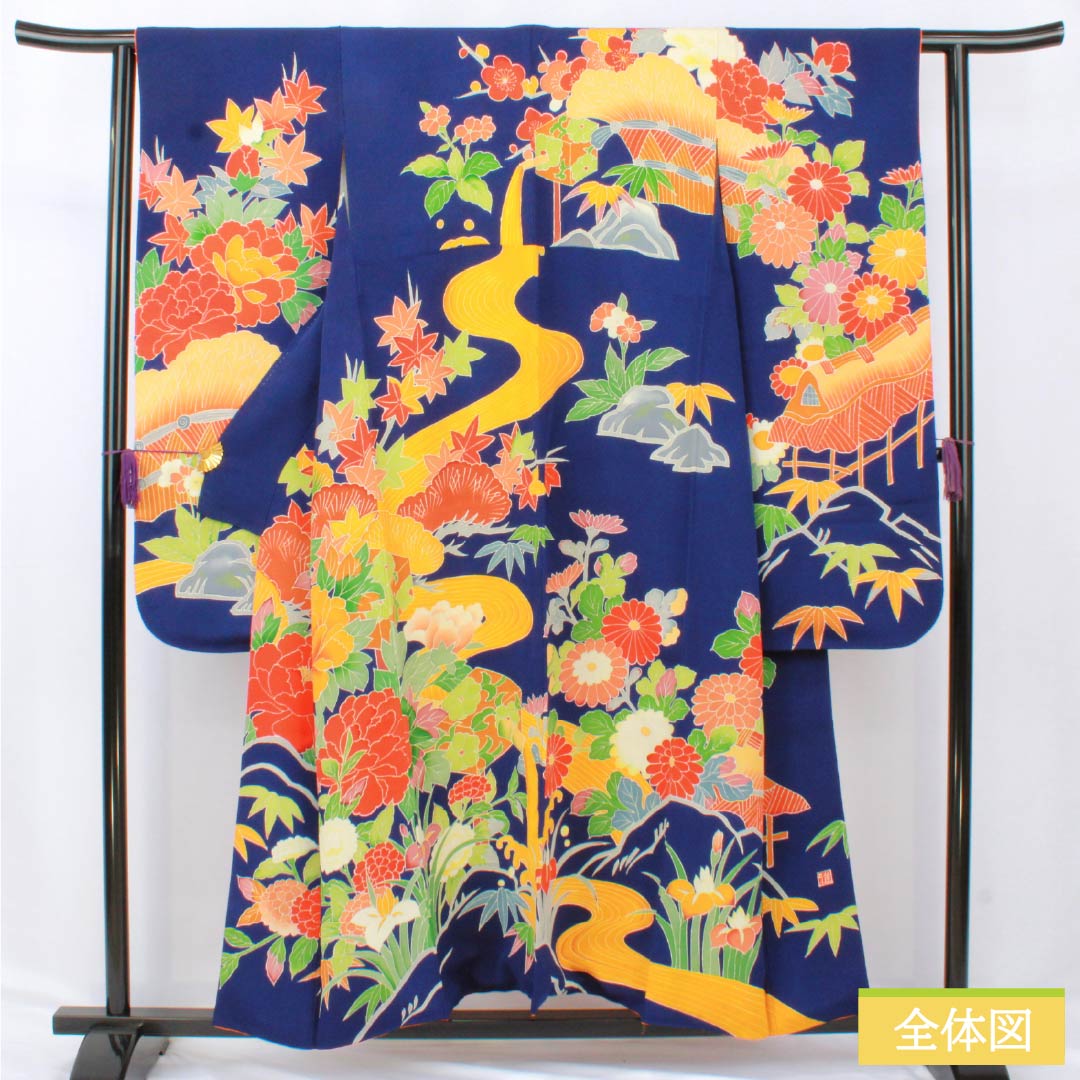 振袖 正絹 Aランク 身丈153cm 裄丈60.5cm 袷 型染 吉祥文様 梅 菊 ちりめん地 重ね衿付き 青系 1113002233217