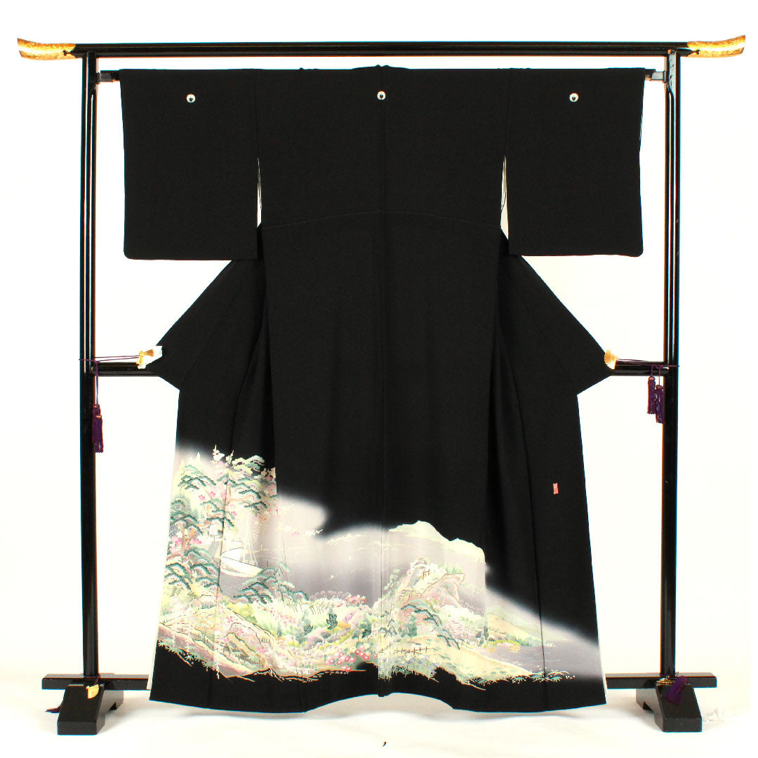黒留袖 身丈161.5cm 裄丈66cm 袷 作家物 風景模様 下がり藤 正絹 Aランク 五つ紋 黒系 1111000353410