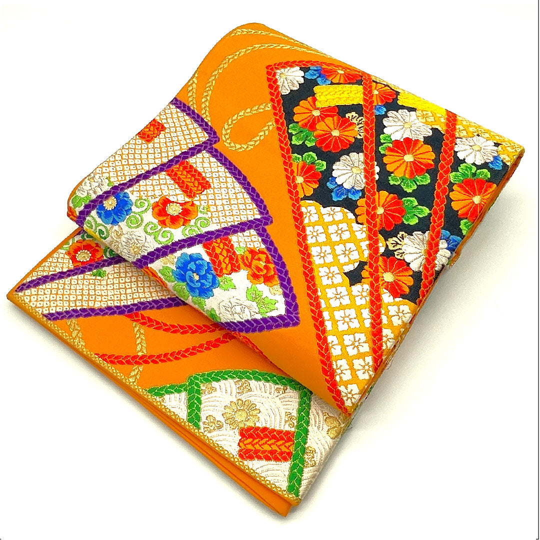 袋帯 扇 振袖用 唐花模様 帯丈428cm 正絹 Sランク 六通 フォーマル 朱系 1123003432316