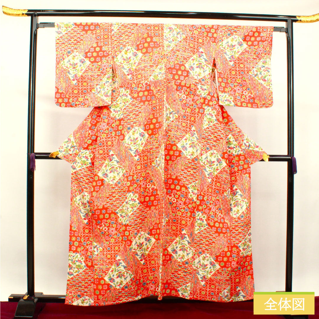小紋 正絹 身丈157.5cm 裄丈64.5cm 単衣  緋色 型染 吉祥文様  Sランク 朱系 1115003832316