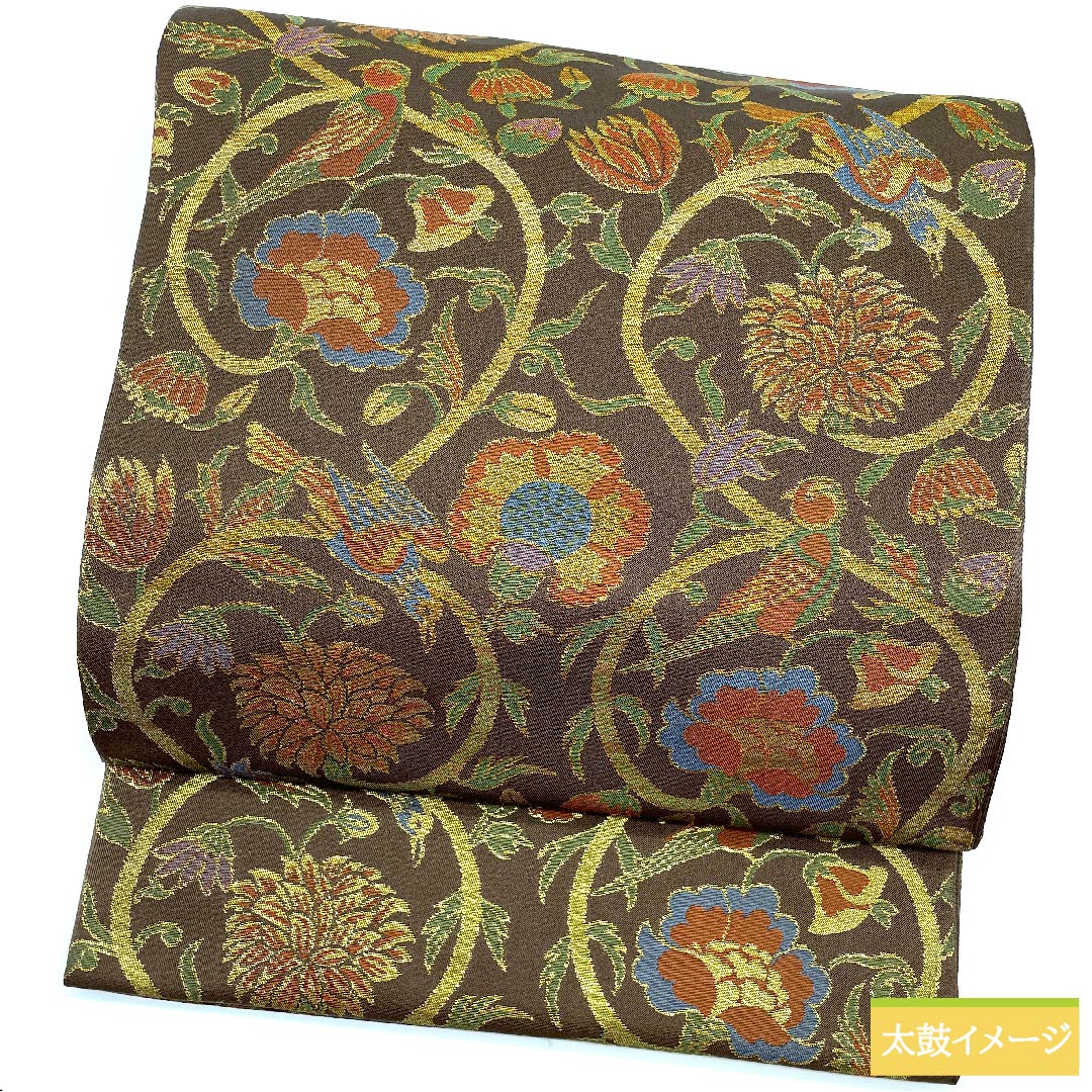 (Unmade) Fukuro Obi, Pure Silk, Tobiiro (Tobi-iro), Orietsu, Flower Pattern, Bird, Classic Pattern, Obi Length 444cm, New Rank, Full Length, Semi-Formal, Brown, 1123010861314
