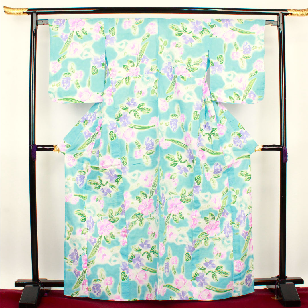 浴衣 浅縹色 花模様 木綿 Aランク 単衣 身丈166.5cm 裄丈64cm 青系 1118001083517