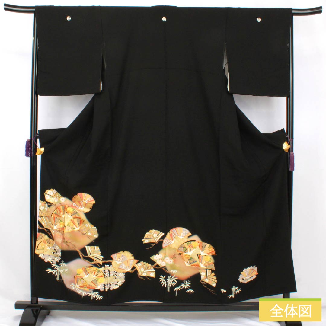 黒留袖 正絹 Aランク 身丈155.5cm 裄丈66.5cm 袷 京友禅 五つ紋 丸に木瓜 吉祥文様 金駒刺繡 鶴 五つ紋 黒系 1111001953310
